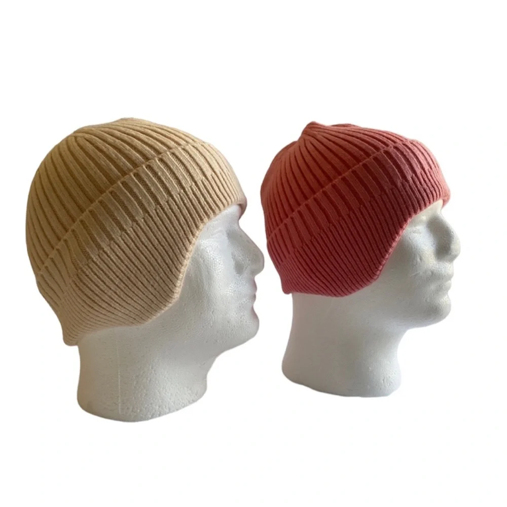 50% Wool 50% Acrylic Ear Covering/Warmer‎ Beanie Hats 2ct Beige & Peach